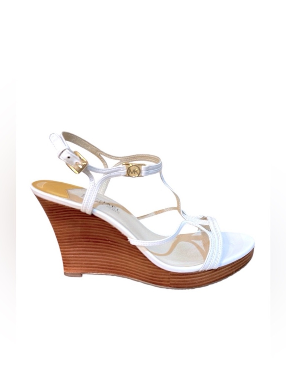 Michael Kors White Leather Wedge Sandals Women’s 10 TStrap Ankle Open Toe Logo